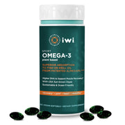Iwi Omega-3 Sport bottle front view showing vegan algae DHA softgels for daily wellness.