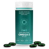 Iwi Omega-3 bottle front shows vegan algae-based EPA and DHA for support.