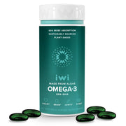 Iwi Omega-3 bottle front shows vegan algae-based EPA and DHA for support.