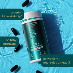 Iwi Omega-3 softgels close-up showing small, easy-to-swallow capsules.