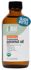J MAC BOTANICALS Organic Fractionated Coconut Oil bottle front view, a versatile carrier oil for massage and skincare.