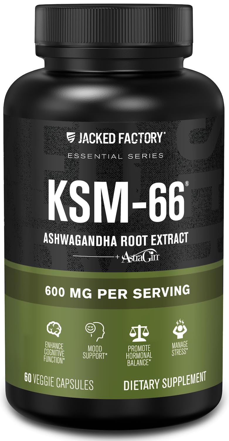Jacked Factory Ashwagandha bottle label highlighting KSM-66 extract for daily stress support.