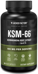 Jacked Factory Ashwagandha bottle label highlighting KSM-66 extract for daily stress support.