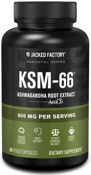 Jacked Factory Ashwagandha bottle label highlighting KSM-66 extract for daily stress support.