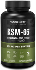 Jacked Factory Ashwagandha bottle label highlighting KSM-66 extract for daily stress support.