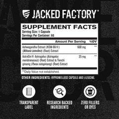 Jacked Factory KSM-66 root extract on label emphasizing potency.
