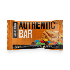 Close-up of Jacked Factory Authentic Bar with chocolate chips and peanut butter