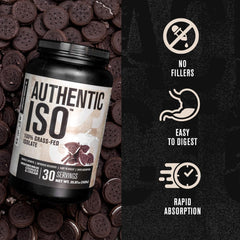 Jacked Factory Authentic ISO Whey Cookies & Cream powder being poured for mixing.