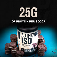 Jacked Factory Authentic ISO Whey Cookies & Cream shake in glass with creamy texture.