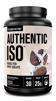 Jacked Factory Authentic ISO Whey Cookies & Cream tub, high protein option for lean muscle support.