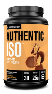 Jacked Factory Authentic ISO whey label close-up shows purity and ingredients.
