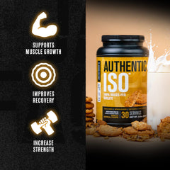 Jacked Factory Authentic ISO whey protein scoop beside bottle, highlighting 25 g protein per serving