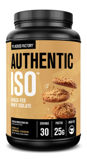 Jacked Factory Authentic ISO whey protein bottle in vanilla oatmeal cookie flavor, ready for recovery post-workout