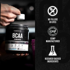 Jacked Factory BCAA fruit punch flavor in glass offers refreshing taste.