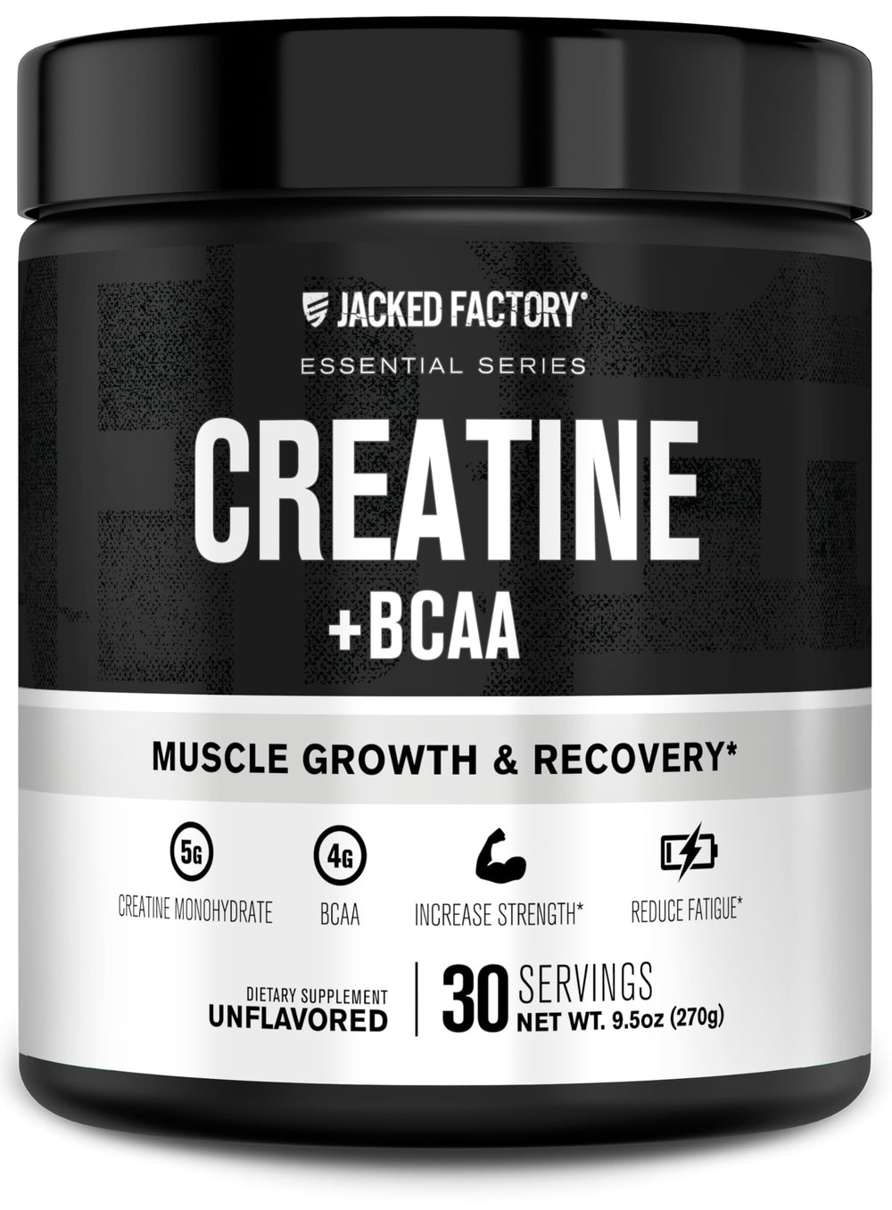Jacked Factory Creatine + BCAAs label front, showing a clean formula for post-workout recovery