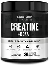 Jacked Factory Creatine + BCAAs label front, showing a clean formula for post-workout recovery