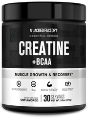 Jacked Factory Creatine + BCAAs label front, showing a clean formula for post-workout recovery