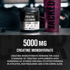 Jacked Factory Creatine and Glutamine label detail shows 5 g creatine per serving.