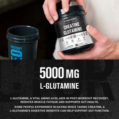 Jacked Factory Creatine and Glutamine powder measuring scoop highlights precise daily serving.