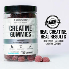 Jacked Factory Creatine Gummies blue raspberry close-up for gym sessions.