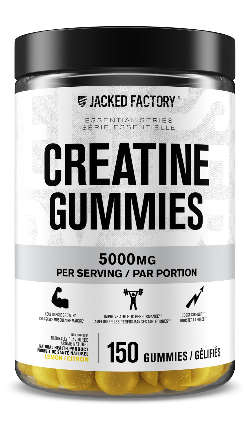 Jacked Factory Creatine Gummies bottle front showing lemon flavor for daily gym fueling