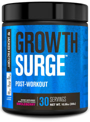 Jacked Factory Growth Surge powder tub showing premium post-workout formula for lean gains.