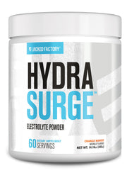 Jacked Factory Hydrasurge powder tub close-up for quick hydration during workouts.
