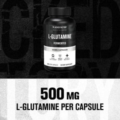 Close-up of vegan fermented L-Glutamine capsules from Jacked Factory.