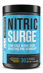 Jacked Factory Nitric Surge bottle pour shows caffeine-free pre-workout benefits for clean pumps.