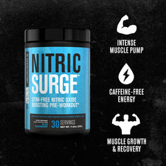 Nitric Surge pineapple mango flavor splash conveys refreshing, stimulant-free workout support.