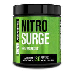 Jacked Factory Nitrosurge Arctic White bottle ready for a workout with lasting energy.