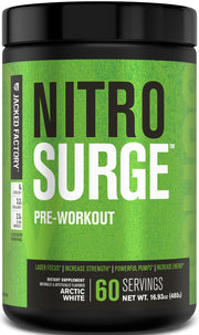 Jacked Factory Nitrosurge Arctic White canister ready for a powerful pre-workout session.