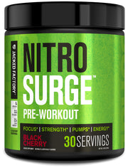 Jacked Factory Nitrosurge Black Cherry tub showing packaging for energy and focus
