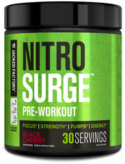 Jacked Factory Nitrosurge Black Cherry tub showing packaging for energy and focus