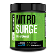 Jacked Factory Nitrosurge blue raspberry powder with scoop for quick energy during workouts
