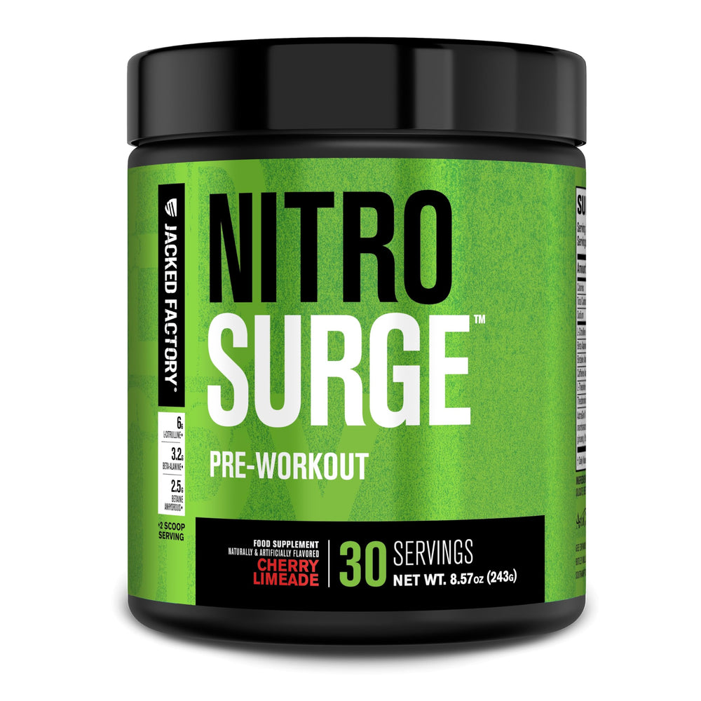 Jacked Factory Nitrosurge Cherry Limeade tub with scoop for sustained energy during workouts