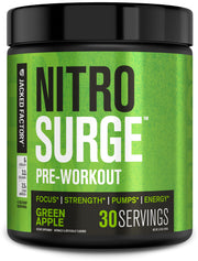 Jacked Factory Nitrosurge Green Apple tub highlights sustained energy for intense workouts.