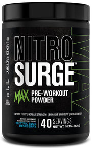 Jacked Factory Nitrosurge Max powder scoop shows electric blue raspberry formula for pre-workout energy.