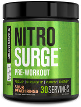 Jacked Factory Nitrosurge Sour Peach Rings powder in a scoop for quick pre-workout energy