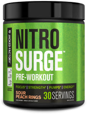 Jacked Factory Nitrosurge Sour Peach Rings powder in a scoop for quick pre-workout energy