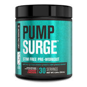 Jacked Factory Pumpsurge bottle shows a caffeine-free pre-workout for smooth, jitter-free training.