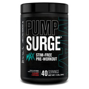 Jacked Factory Pumpsurge Max bottle showing a non-stim pre workout for clean focus.