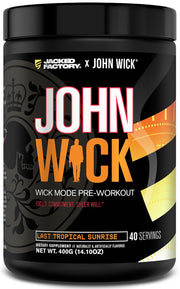 Jacked Factory Wick Mode powder tub shows Last Tropical Sunrise flavor energizing workouts.