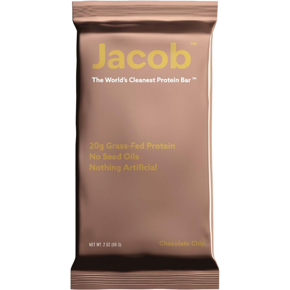 Jacob Bar chocolate packaging showcases 20g grass-fed protein and clean ingredients.