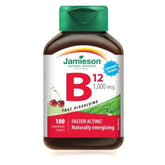 Jamieson B12 methylcobalamin fast-dissolving tablets packaging emphasizes potency and ease of use.