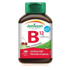 Jamieson B12 methylcobalamin fast-dissolving tablets packaging emphasizes potency and ease of use.