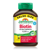 Jamieson Biotin 10,000 mcg softgels pack highlighting daily supplement for hair and nails