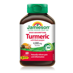 Jamieson high absorption curcumin turmeric bottle pour highlights potency for daily use
