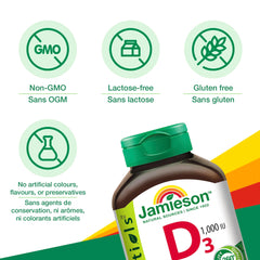 Packaging of Jamieson Laboratories Vitamin D3 highlights Non-GMO and gluten-free features.