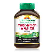 Jamieson No Fishy Aftertaste wild salmon softgels bottle for daily heart and brain support